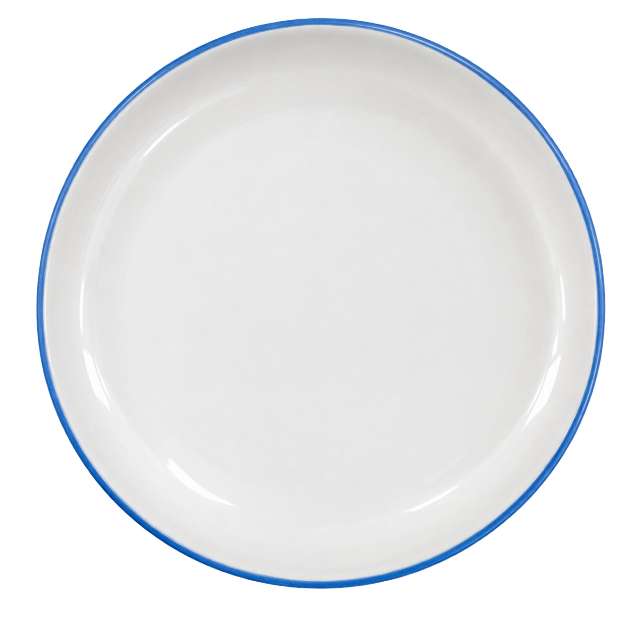 Empty white ceramic plate with a blue rim