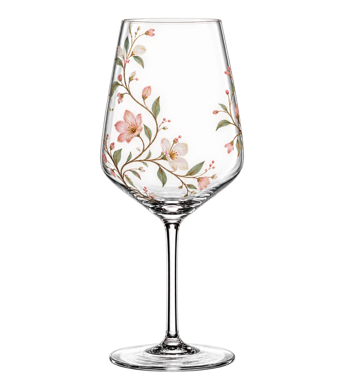 The same wine glass decorated with delicate pink flowers